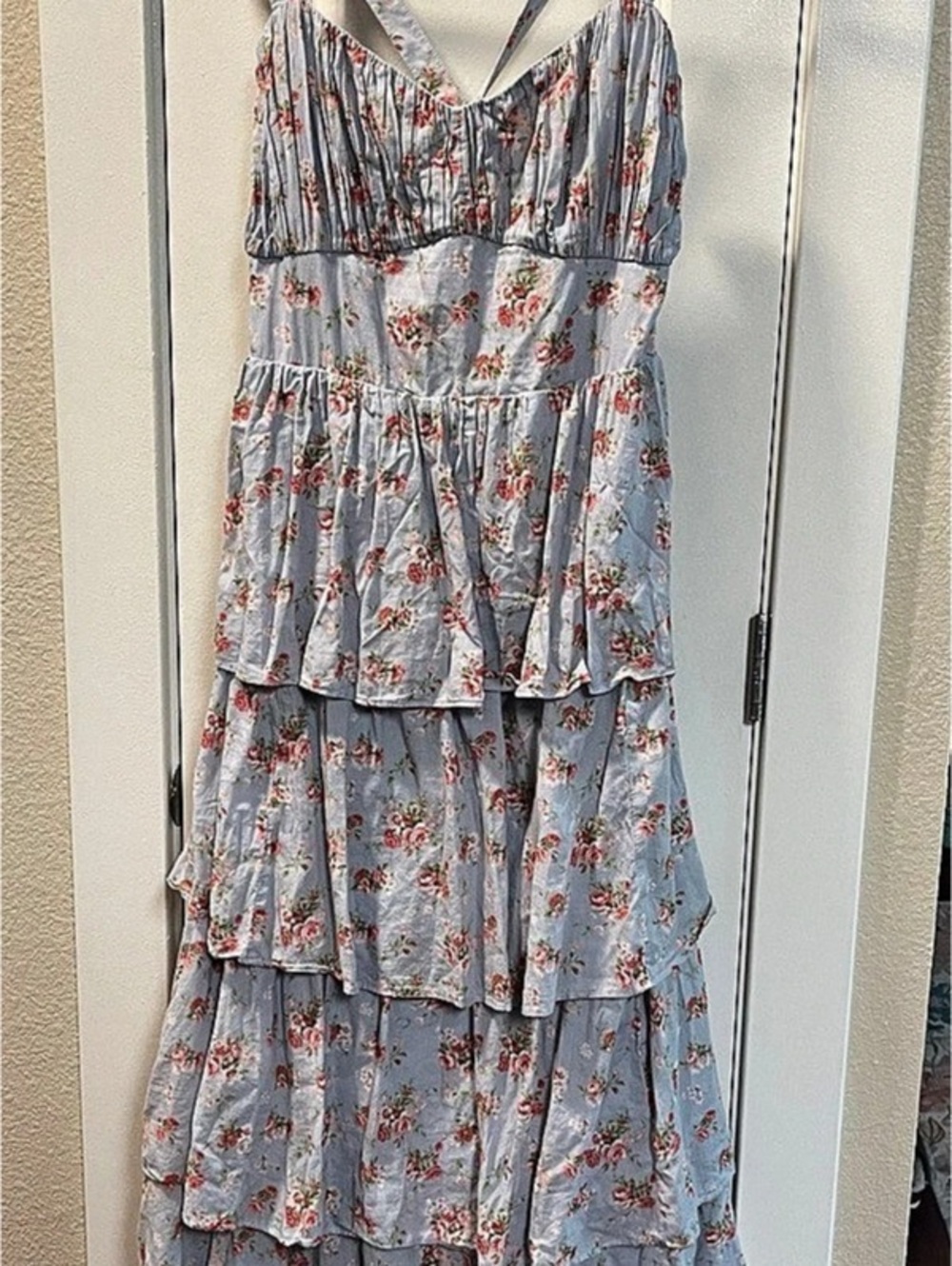 Abercrombie & Fitch Lace Up Tiered Floral Maxi Dress in Blue & Pink XL